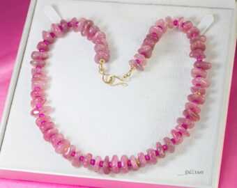 Solid Gold 14K Madagascar Rose Quartz and Pink Sapphire Necklace, Pink Gemstone Beaded Necklace