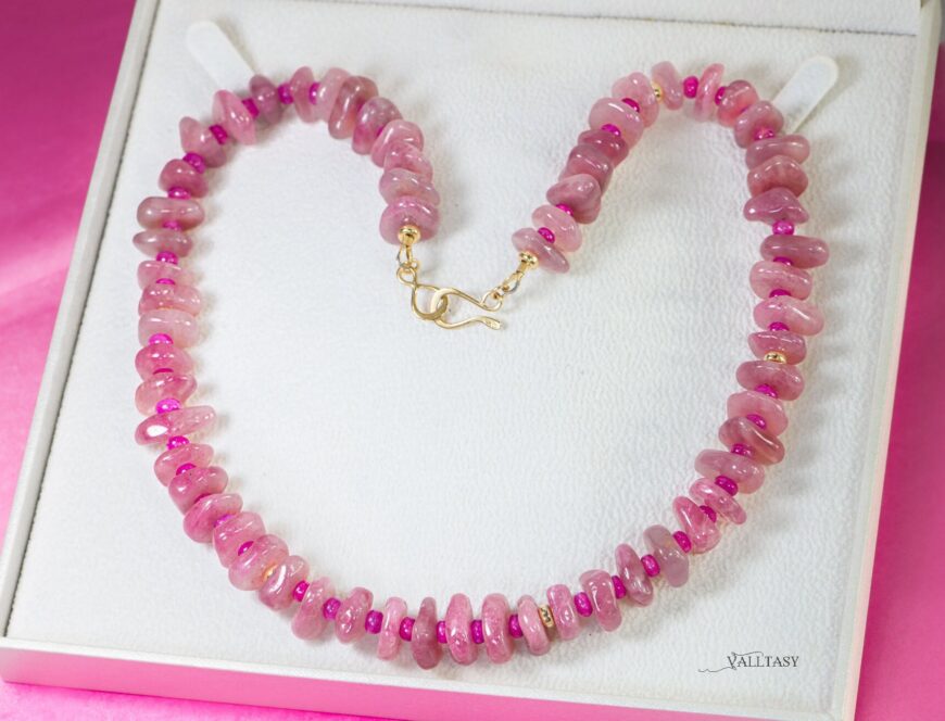 Solid Gold 14K Madagascar Rose Quartz and Pink Sapphire Necklace, Pink Gemstone Beaded Necklace