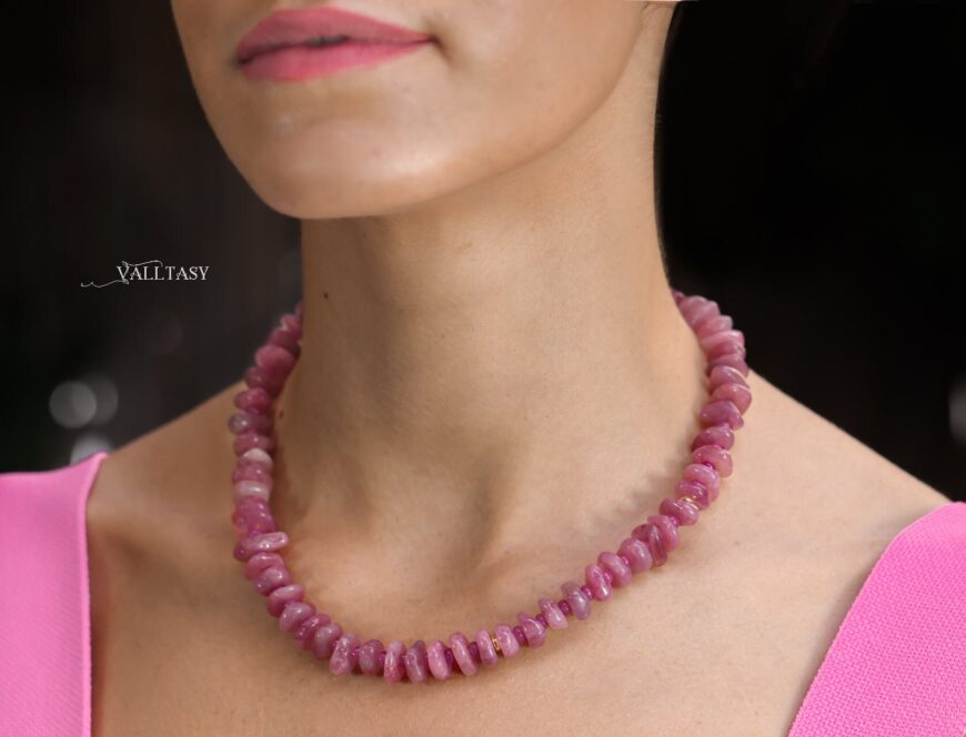 Solid Gold 14K Madagascar Rose Quartz and Pink Sapphire Necklace, Pink Gemstone Beaded Necklace