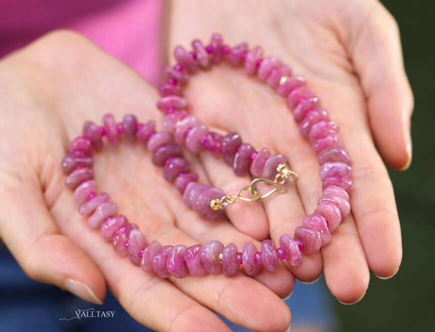 Solid Gold 14K Madagascar Rose Quartz and Pink Sapphire Necklace, Pink Gemstone Beaded Necklace