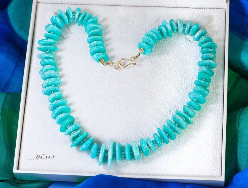 Solid Gold 14K Peruvian Amazonite and Apatite Necklace, Aqua Blue Gemstone Beaded Necklace