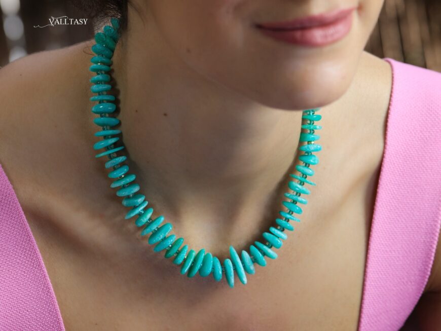 Solid Gold 14K Peruvian Amazonite and Apatite Necklace, Aqua Blue Gemstone Beaded Necklace