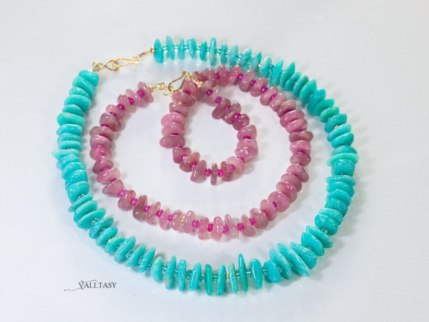 Solid Gold 14K Peruvian Amazonite and Apatite Necklace, Aqua Blue Gemstone Beaded Necklace