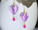- Solid Gold 14K Pink Amethyst and Pink Ruby Heart Earrings, Unique Earrings Design