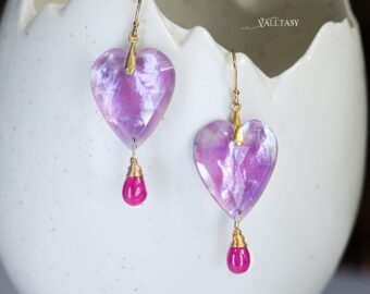 Solid Gold 14K Pink Amethyst and Pink Ruby Heart Earrings, Unique Earrings Design