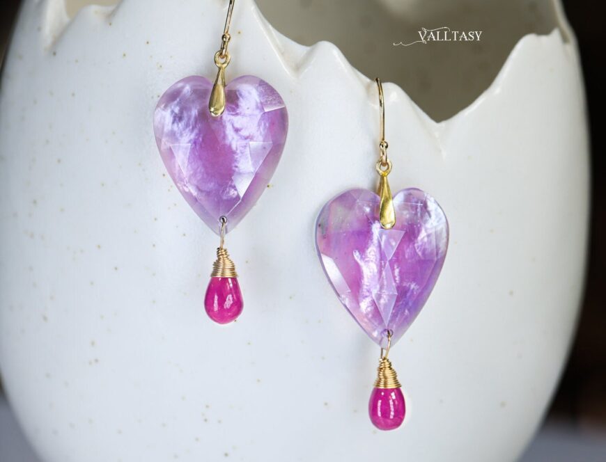 Solid Gold 14K Pink Amethyst and Pink Ruby Heart Earrings, Unique Earrings Design