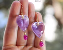 - Solid Gold 14K Pink Amethyst and Pink Ruby Heart Earrings, Unique Earrings Design