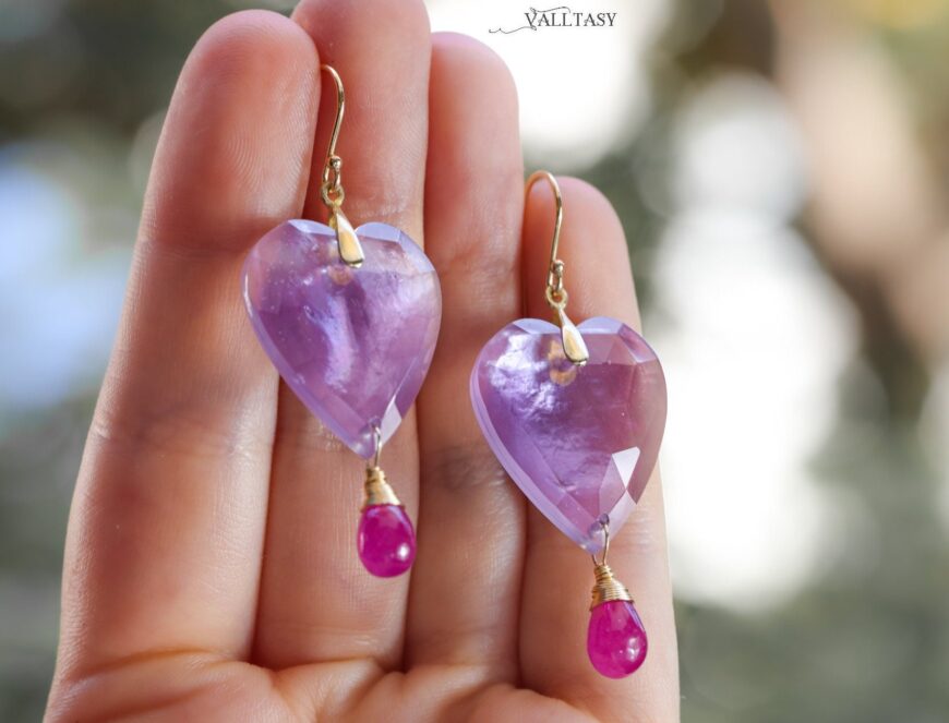 Solid Gold 14K Pink Amethyst and Pink Ruby Heart Earrings, Unique Earrings Design