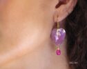 Solid Gold 14K Pink Amethyst and Pink Ruby Heart Earrings, Unique Earrings Design