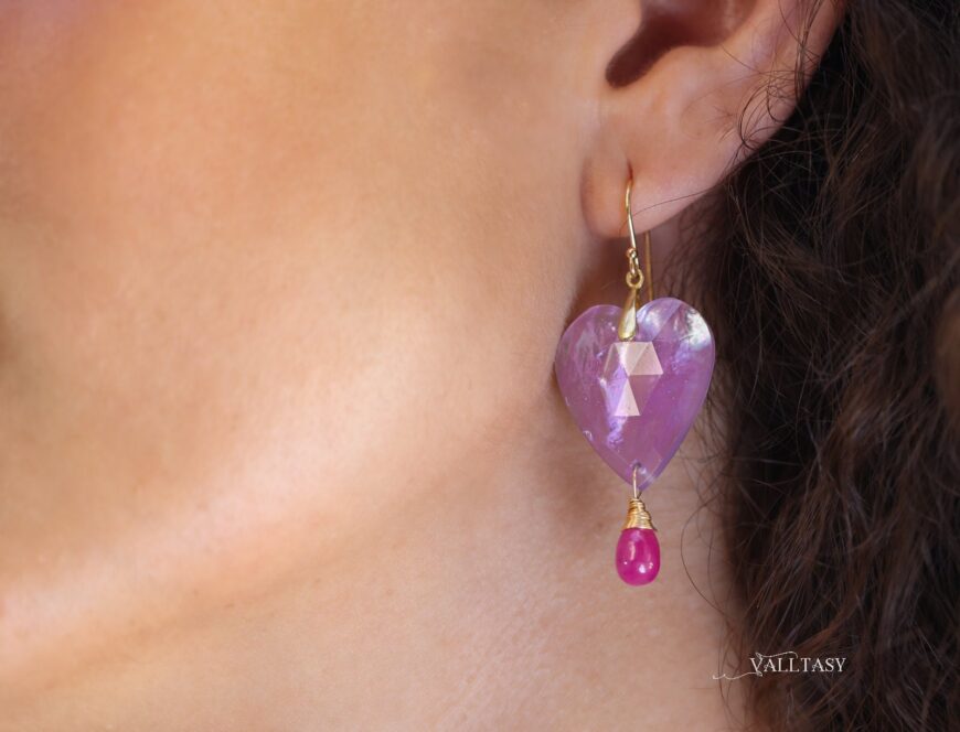 Solid Gold 14K Pink Amethyst and Pink Ruby Heart Earrings, Unique Earrings Design