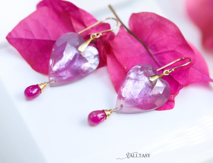 Solid Gold 14K Pink Amethyst and Pink Ruby Heart Earrings, Unique Earrings Design