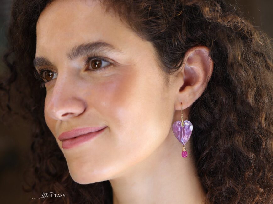 Solid Gold 14K Pink Amethyst and Pink Ruby Heart Earrings, Unique Earrings Design