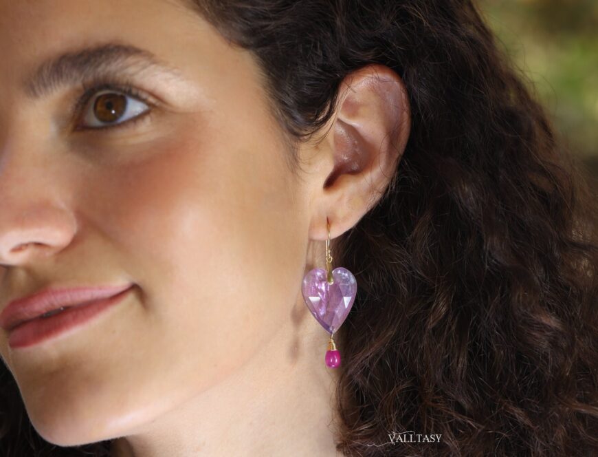 Solid Gold 14K Pink Amethyst and Pink Ruby Heart Earrings, Unique Earrings Design