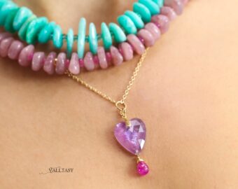 Solid Gold 14K Pink Amethyst and Pink Ruby Pendant without a Chain, Unique Ruby Charm Design