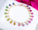 Solid Gold 14K Rainbow Multi Sapphire Bracelet, Precious Gemstone Drop Bracelet