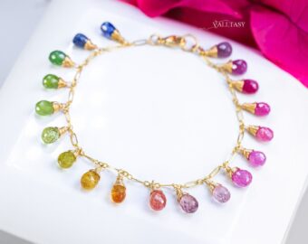 Solid Gold 14K Rainbow Multi Sapphire Bracelet, Precious Gemstone Drop Bracelet