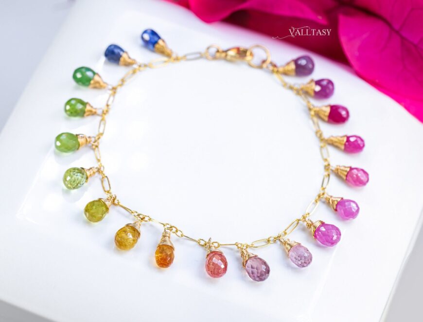 Solid Gold 14K Rainbow Multi Sapphire Bracelet, Precious Gemstone Drop Bracelet