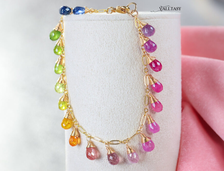 Solid Gold 14K Rainbow Multi Sapphire Bracelet, Precious Gemstone Drop Bracelet