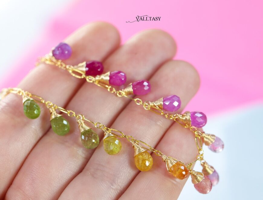 Solid Gold 14K Rainbow Multi Sapphire Bracelet, Precious Gemstone Drop Bracelet