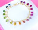 Solid Gold 14K Rainbow Multi Sapphire Bracelet, Precious Gemstone Drop Bracelet