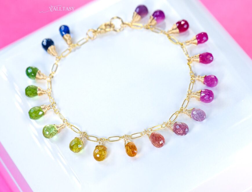 Solid Gold 14K Rainbow Multi Sapphire Bracelet, Precious Gemstone Drop Bracelet