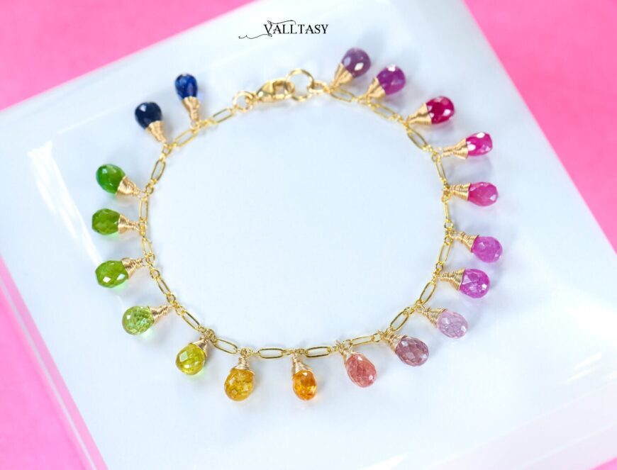 Solid Gold 14K Rainbow Multi Sapphire Bracelet, Precious Gemstone Drop Bracelet