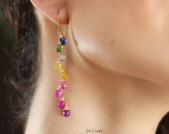 Solid Gold 14K Rainbow Multi Sapphire Earrings, Precious Gemstone Drop Earrings