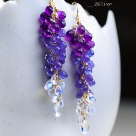 The Wisteria Earrings – Solid Gold 14K Tanzanite and Rainbow Moonstone Long Gemstone Earrings, Multi Stone Drop Cluster Earrings