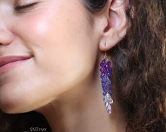 Solid Gold 14K Tanzanite and Rainbow Moonstone Long Gemstone Earrings, Multi Stone Drop Cluster Earrings