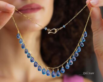 14K Solid Gold Blue Aquamarine Necklace, Blue Aquamarine Drop Necklace