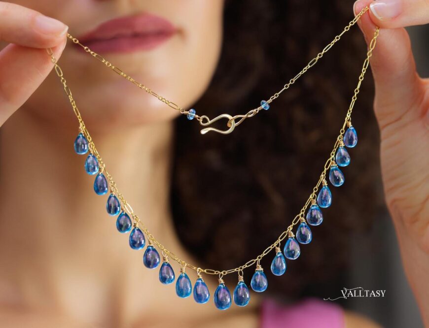 14K Solid Gold Blue Aquamarine Necklace, Blue Aquamarine Drop Necklace