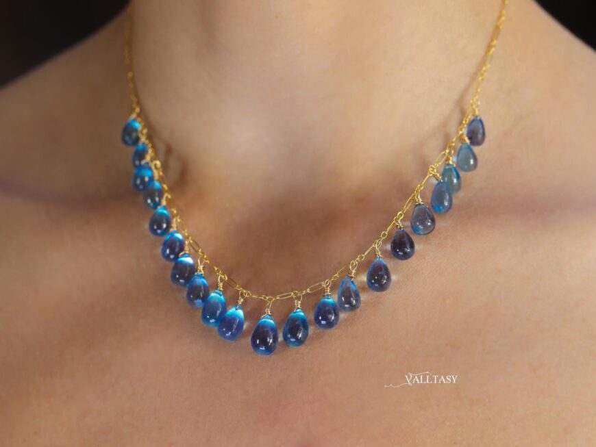 14K Solid Gold Blue Aquamarine Necklace, Blue Aquamarine Drop Necklace