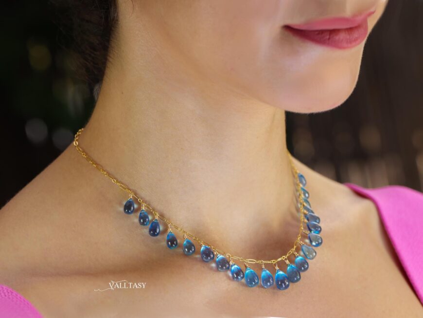 14K Solid Gold Blue Aquamarine Necklace, Blue Aquamarine Drop Necklace