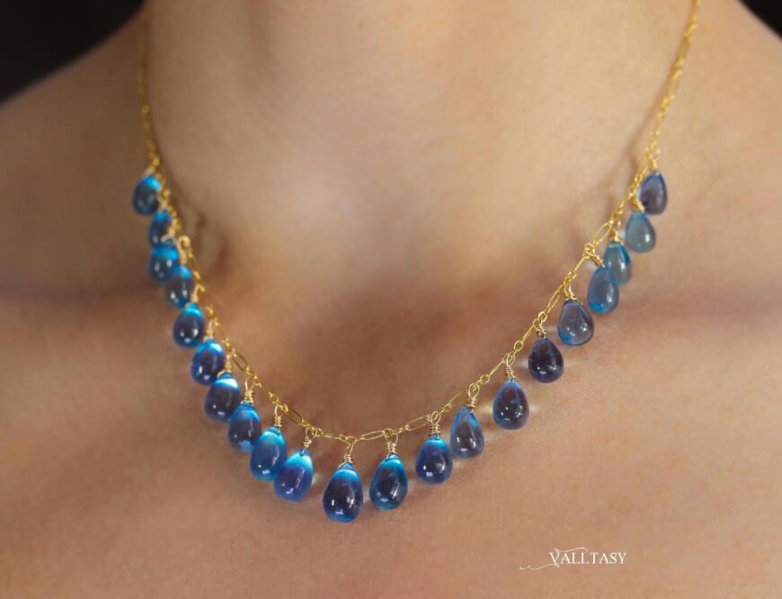 14K Solid Gold Blue Aquamarine Necklace, Blue Aquamarine Drop Necklace