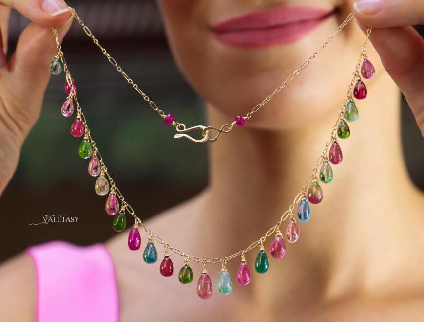 14K Solid Gold Multi Color Tourmaline Necklace, Colorful Tourmaline Drop Necklace