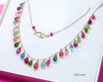 14K Solid Gold Multi Color Tourmaline Necklace, Colorful Tourmaline Drop Necklace