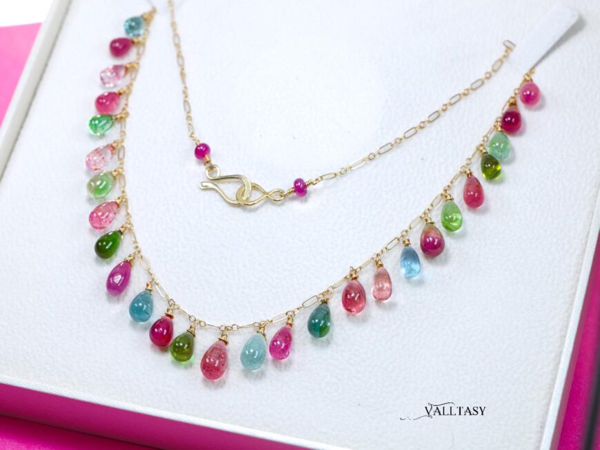 14K Solid Gold Multi Color Tourmaline Necklace, Colorful Tourmaline Drop Necklace