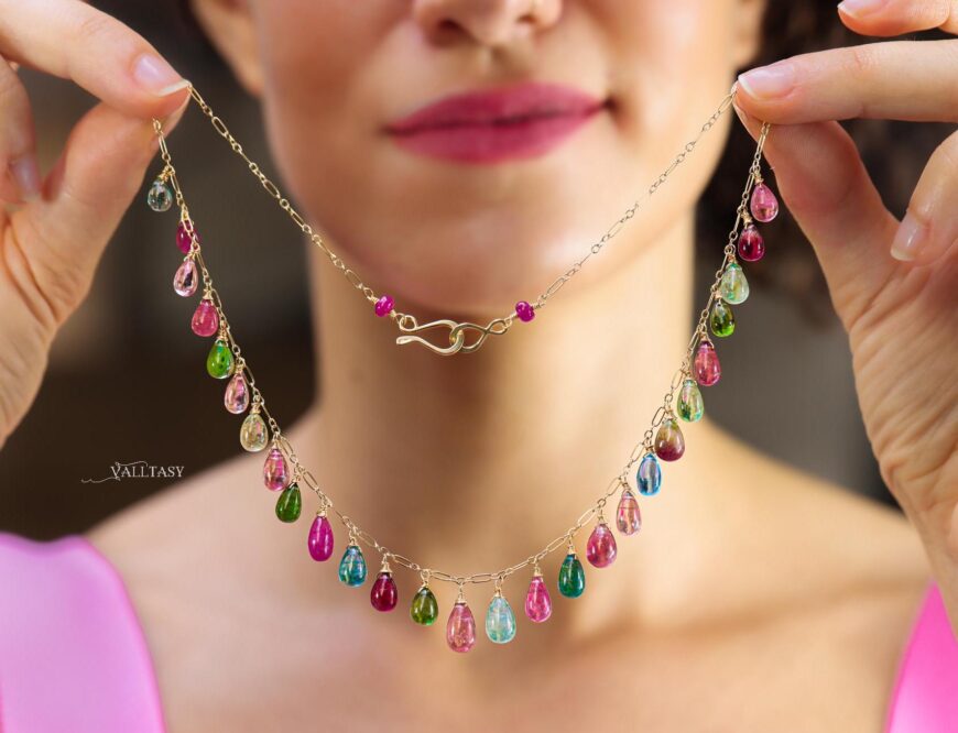 14K Solid Gold Multi Color Tourmaline Necklace, Colorful Tourmaline Drop Necklace