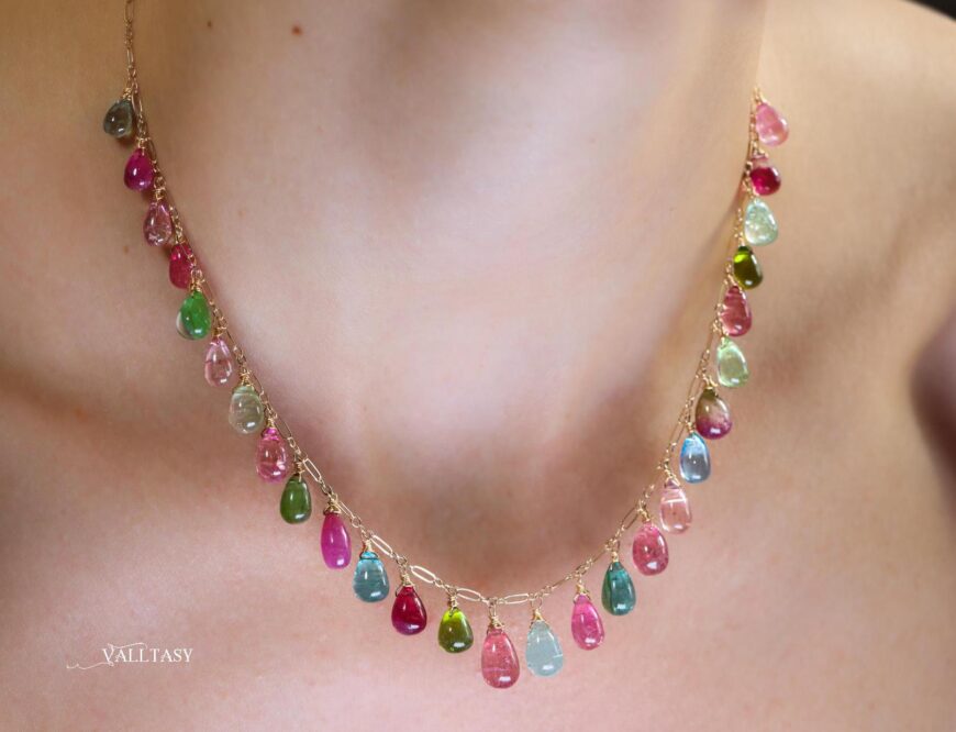 14K Solid Gold Multi Color Tourmaline Necklace, Colorful Tourmaline Drop Necklace