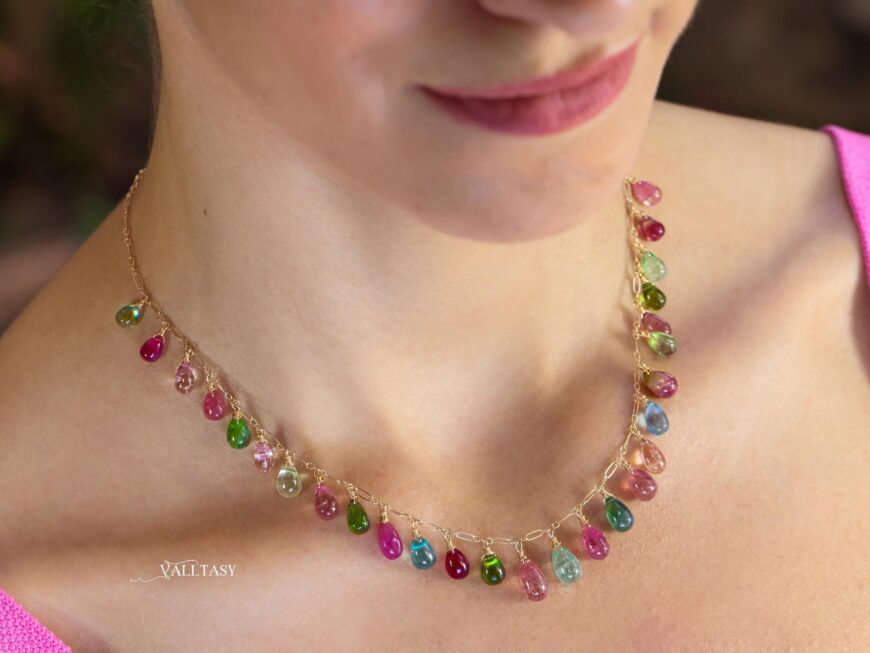 14K Solid Gold Multi Color Tourmaline Necklace, Colorful Tourmaline Drop Necklace