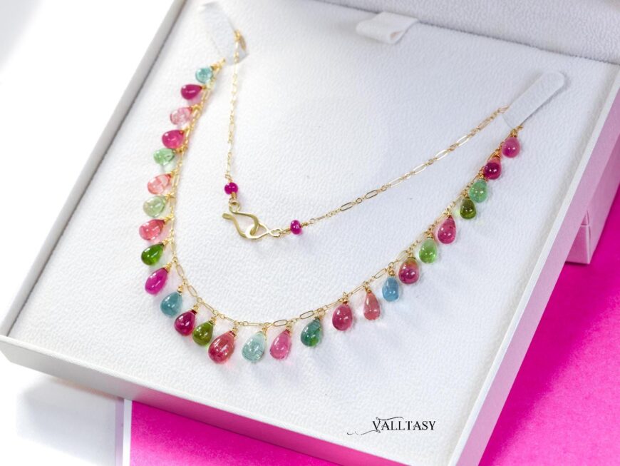 14K Solid Gold Multi Color Tourmaline Necklace, Colorful Tourmaline Drop Necklace