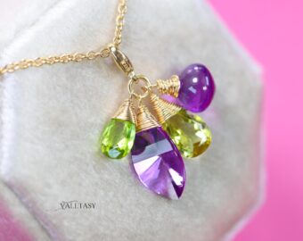 Solid Gold 14K Amethyst and Peridot Charm with a Lobster Clasp