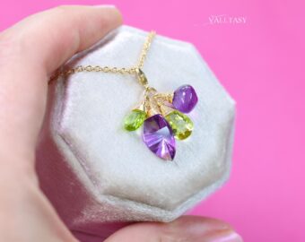 Solid Gold 14K Amethyst and Peridot Charm with a Lobster Clasp