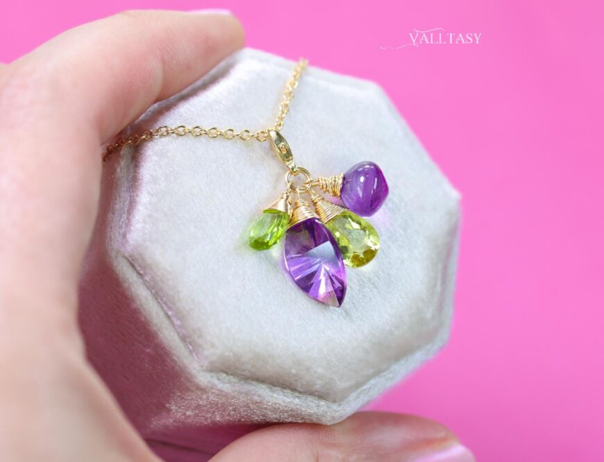 Solid Gold 14K Amethyst and Peridot Charm with a Lobster Clasp