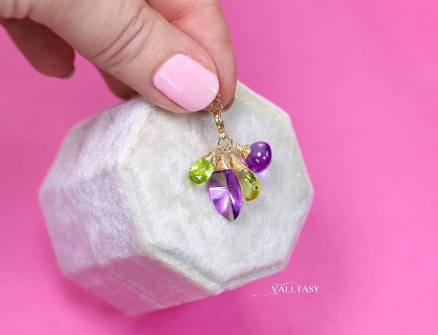 Solid Gold 14K Amethyst and Peridot Charm with a Lobster Clasp