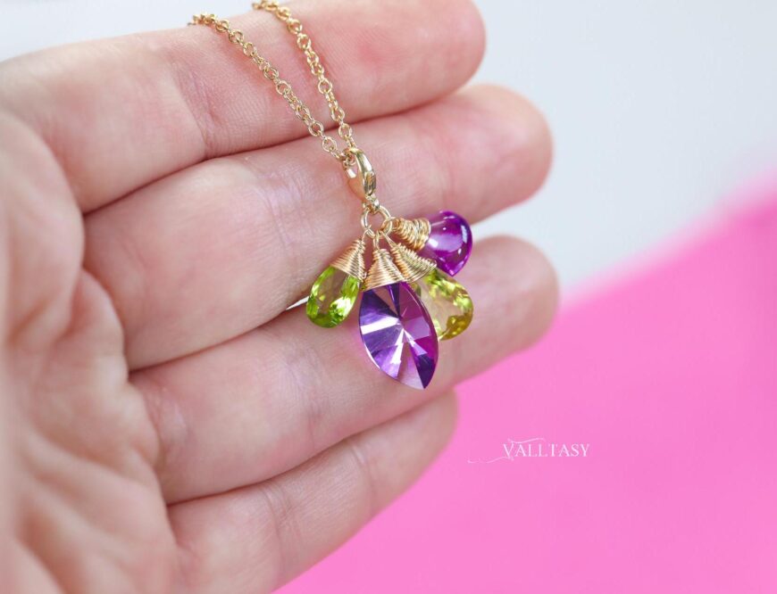 Solid Gold 14K Amethyst and Peridot Charm with a Lobster Clasp