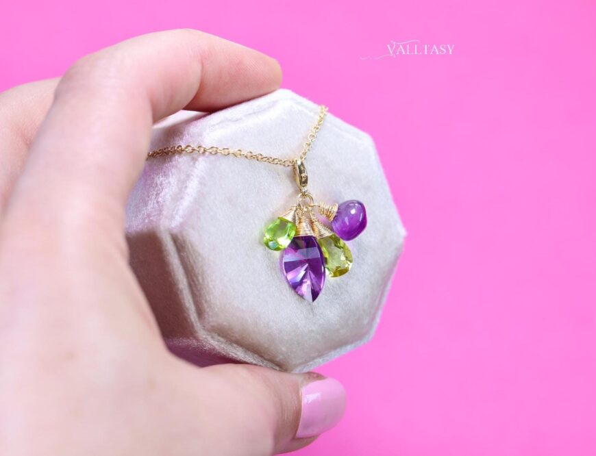 Solid Gold 14K Amethyst and Peridot Charm with a Lobster Clasp