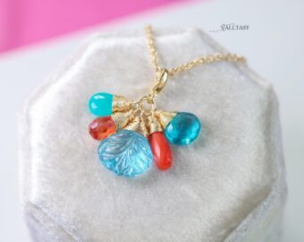 Solid Gold 14K Carved Blue Topaz and Italian Coral Charm with a Lobster Clasp