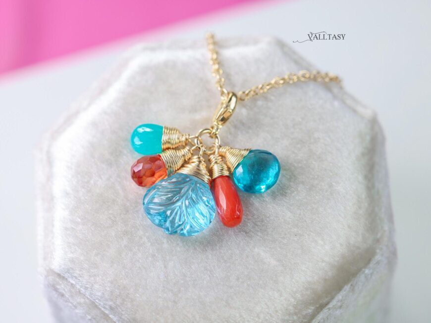 Solid Gold 14K Carved Blue Topaz and Italian Coral Charm with a Lobster Clasp