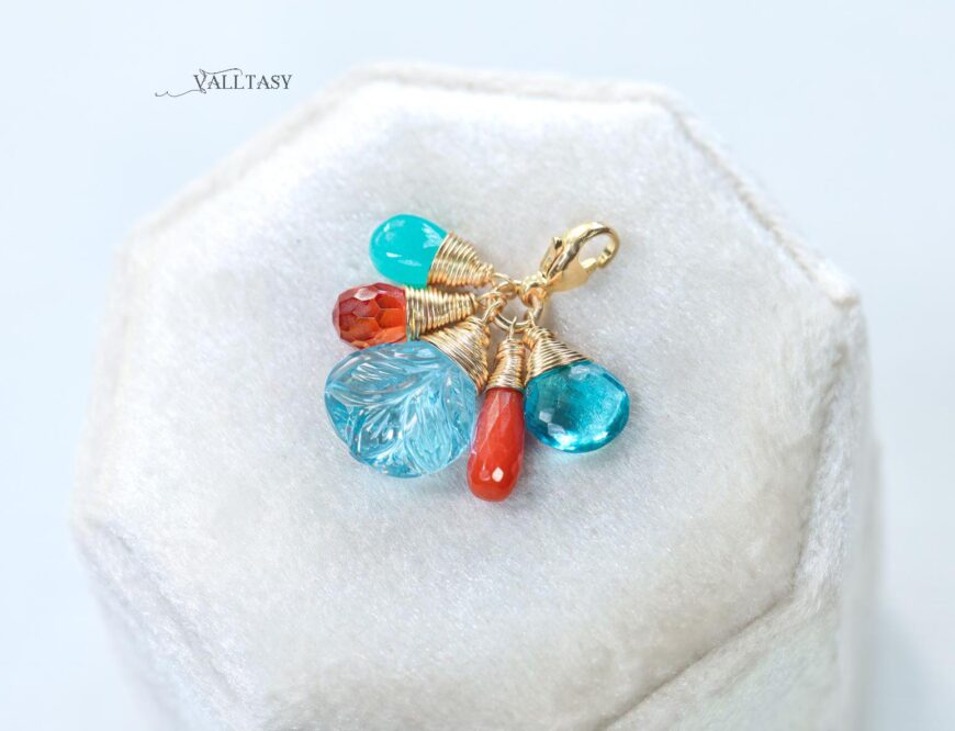 Solid Gold 14K Carved Blue Topaz and Italian Coral Charm with a Lobster Clasp